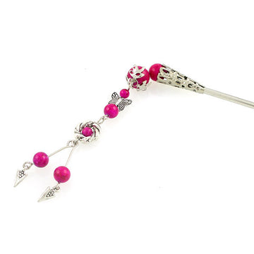Tibetan Style Hair Stick with Tassel 5.5" Long Hotpink